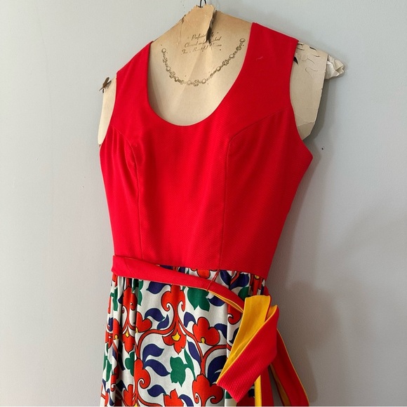 Vintage 1960s Lanz Originals Maxi Dress Red Bodice & Folk Art Print Skirt Sz 7 - Picture 2 of 11
